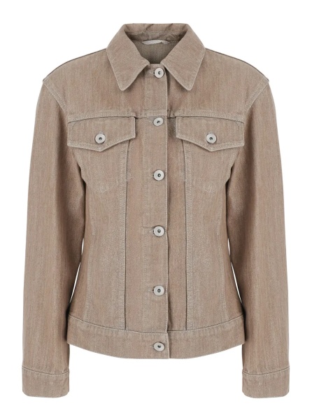 Sacou Beige Jacket with classic collar and two flap pockets on the front in denim for women