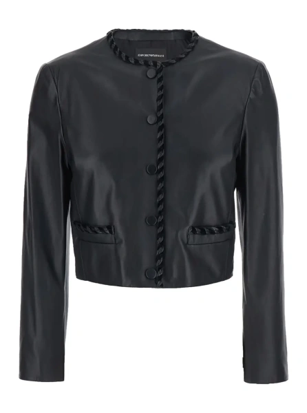 Sacou Black Crop Crew-Neck Jacket with Interlaced Details in Leather for women