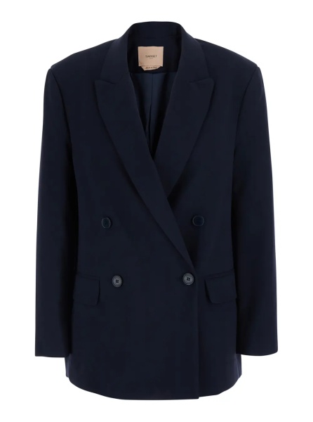 Sacou Blue Double-Breasted Jacket with Peak Revers in Stretch Viscose Blend Women