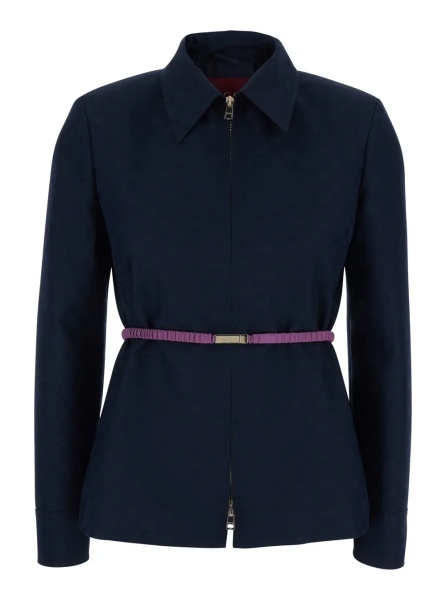 Sacou Blue Jacket with Classic Collar and Removable Belt with GG Logo Plate for Women