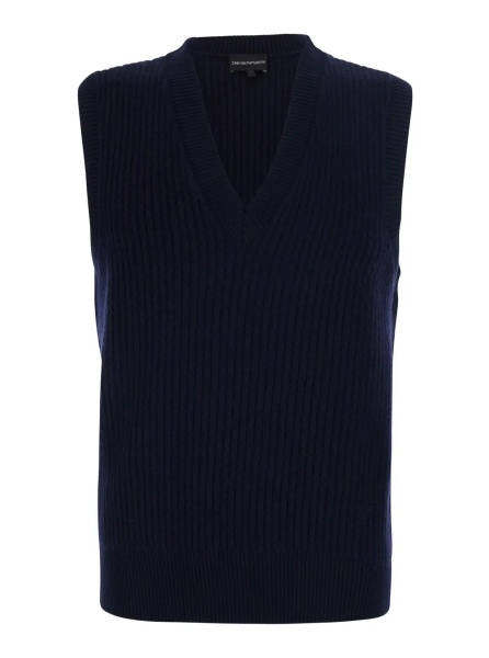 Sacou Blue Vest with V-neck and logo embroidery on the front in wool and cashmere for men