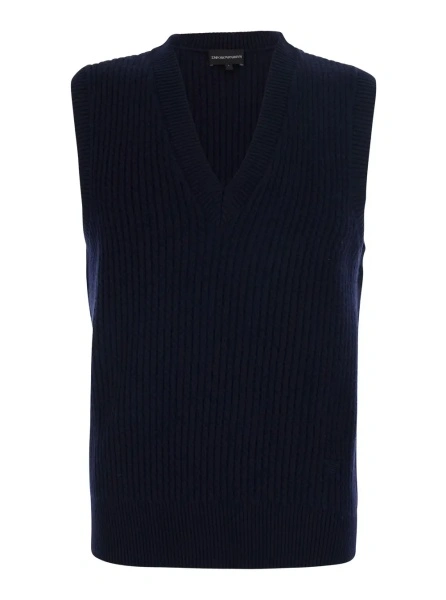 Sacou Blue Vest with V-neck and logo embroidery on the front in wool and cashmere for men