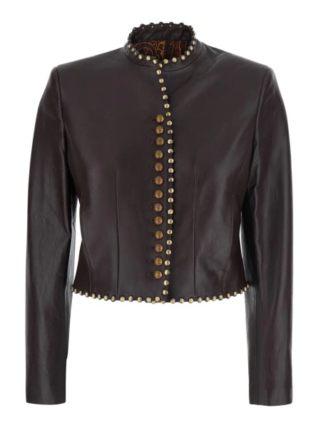 Sacou brown Jacket with applied studs and logo patch on the back in leather for women