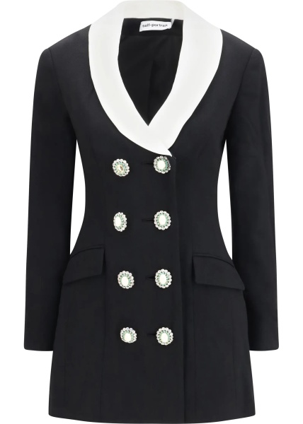 Sacou Long double-breasted Blazer with contrast neckline