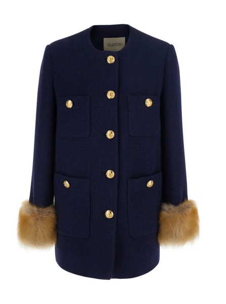 Sacou 'Mossi' Blue Jacket with jewel buttons with VLogo and fur cuffs in Blend wool for women
