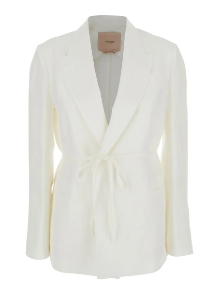 Sacou WHITE BLAZER with Notched Revers and Button Closure in Linen Blend for Women