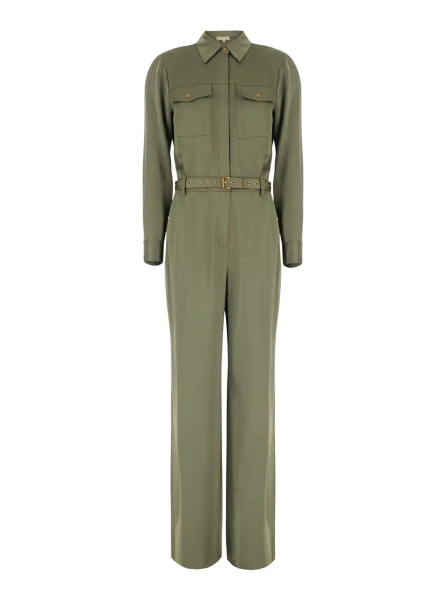 Salopete Green Jumpsuit with classic collar and buckled belt in tech fabric for women