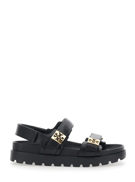 Sandale black Sandals with adjustable closure and logo plates in leather women