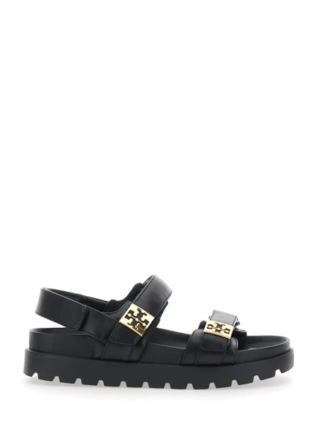 Sandale black Sandals with adjustable closure and logo plates in leather women