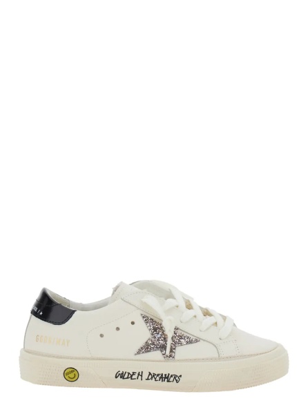Sneakers 'May' White Low Top Sneakers with Glittered Star Patch and Contrasting Heel with Logo Lettering in Leather Girl