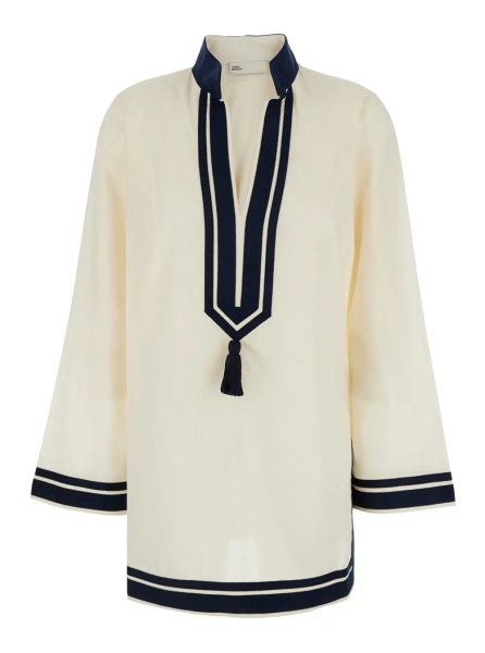 Tinute White Caftan with Contrast Details and Cotton Tassel for Women
