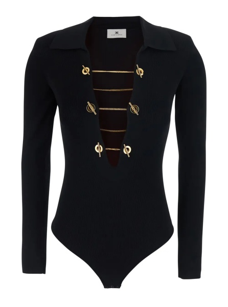 Topuri Black Top with deep V-neck and chains on the front in stretch viscose blend for women