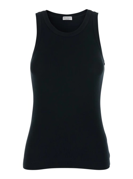 Topuri Black Top with Round Neck and Ribbed Design in Cotton Woman