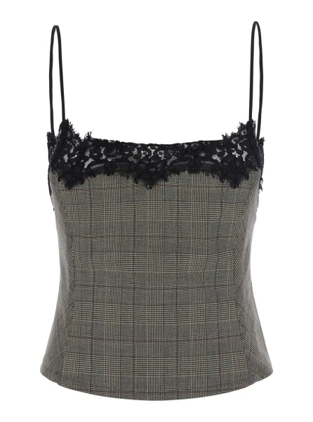 Topuri Gray Top with neckline with lace details and check motif all-over in blend wool for women