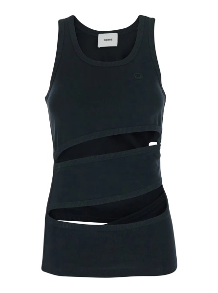 Topuri Sleeveless Top with Spiral Cut-Out Design and Logo Embroidery on the Front in Black Cotton for Women