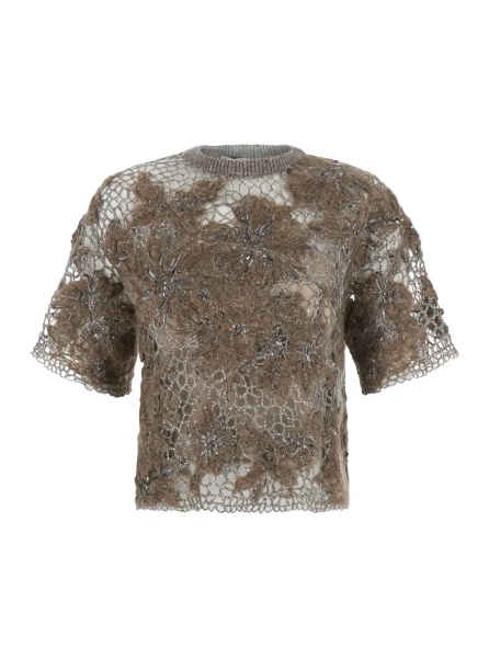 Tricou Beige Crew Neck T-Shirt with Deconstructed Shoulders in Wool Blend for Women