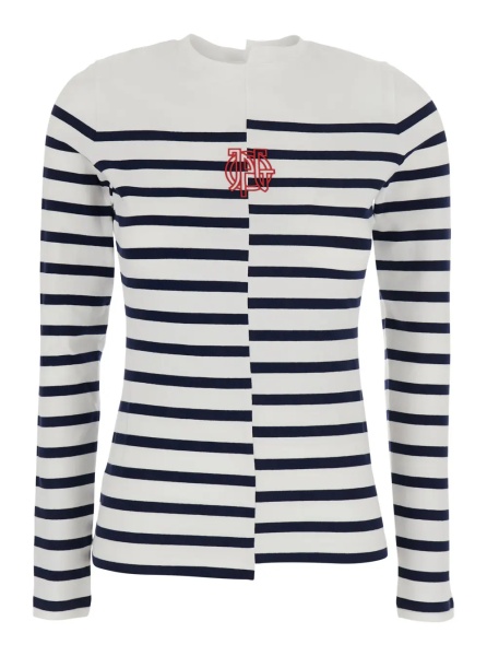 Tricou Black and White Long-Sleeve Crew Neck T-Shirt with Asymmetric Design and All-Over Stripe Motif in in Cotton Blend for Women