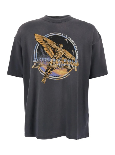 Tricou Black T-Shirt with Graphic Print on Front and Back and Faded Effect for Men