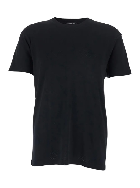 Tricou Black T-Shirt with Logo Embroidery on the Front and Perforated Design in cotton Man