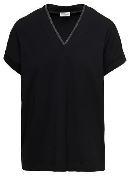 Tricou Black T-Shirt with Monile Detail and V-Neck in Stretch Cotton for Women