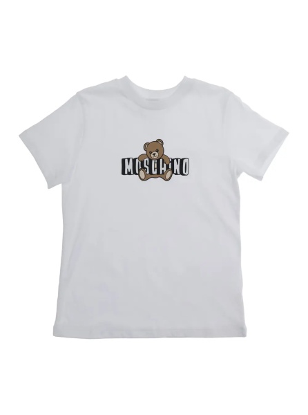 Tricou Crew Neck T-Shirt 'MOSCHINO KIDS' with Logo Print on Front in White Cotton for Kids