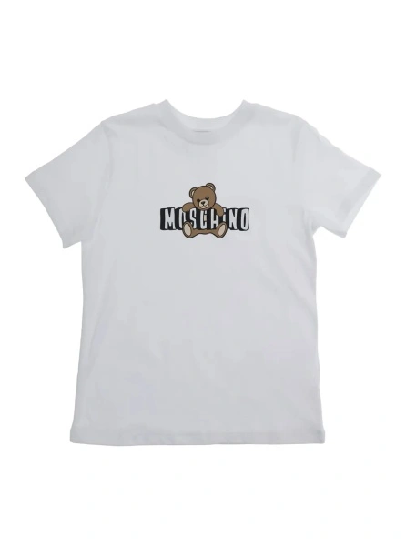 Tricou Crew Neck T-Shirt 'MOSCHINO KIDS' with Logo Print on Front in White Cotton for Kids