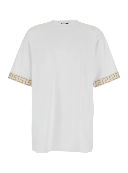 Tricou Crew Neck T-Shirt with Greca Motif on the Sleeves in Tech Fabric White Men