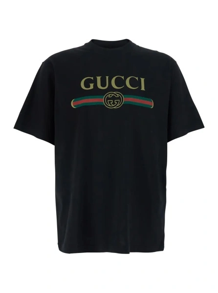 Tricou 'LOGO FAKE' Black T-Shirt with Logo Print on the Front in Cotton for Men