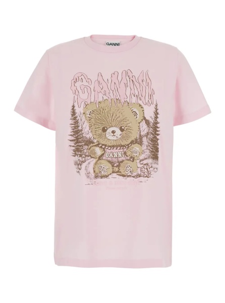 Tricou Pink Round neck T-shirt with maxi print on the front in cotton for women