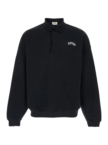 Tricou Polo Black Polo Collar Sweatshirt with Front Logo in Cotton for Men