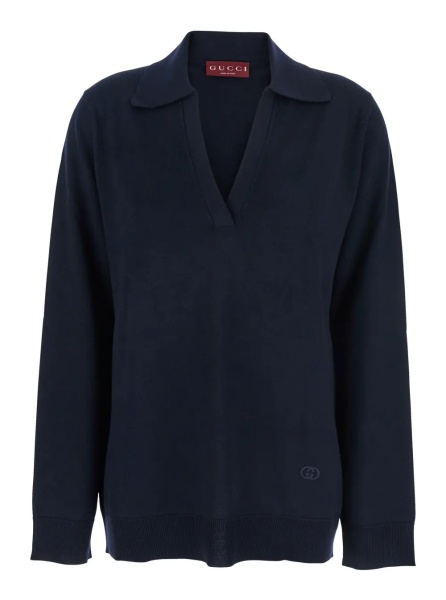 Tricou Polo Blue Polo Collar Sweater with GG Logo on the Front in Wool Woman