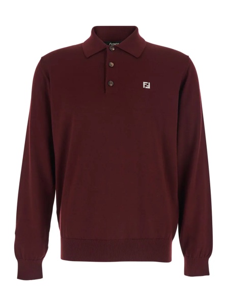 Tricou Polo Bordeaux Long Sleeve Polo with Classic Collar and FF Plate on the Front in Wool for Men