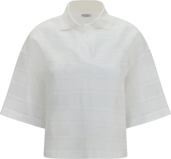 Tricou Polo Crop cotton organza Polo with Broderie Anglaise