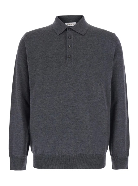 Tricou Polo Grey Long Sleeve Polo Shirt with Classic Collar in Wool for Men