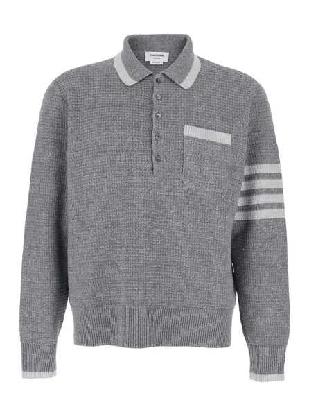 Tricou Polo Grey Polo with 4-Bar Detail on the Sleeve in Wool and Silk Blend for Men