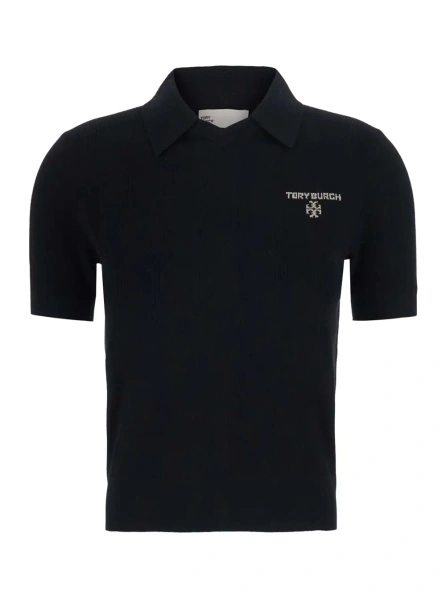 Tricou Polo Simone Wool Polo Black with Long Sleeves and V-Neck for Women