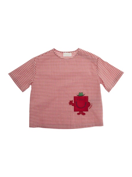 Tricou red T-shirt with check pattern and patch on the front in fabric baby