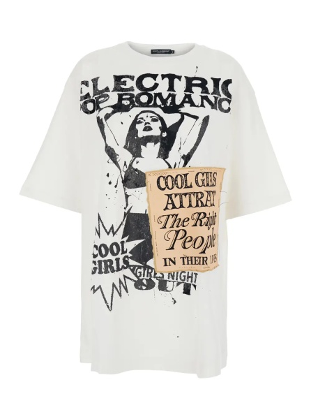 Tricou White Crew Neck T-Shirt with Maxi Print on the Front in Cotton Woman