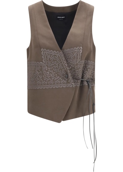 Vesta Vest in washed silk and virgin wool with jacquard pattern and ties