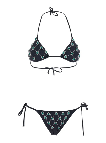 Bikini Black Bikini with Gem Embroidery and Adjustable Drawstring Closure in Stretch Tech Fabric for Women