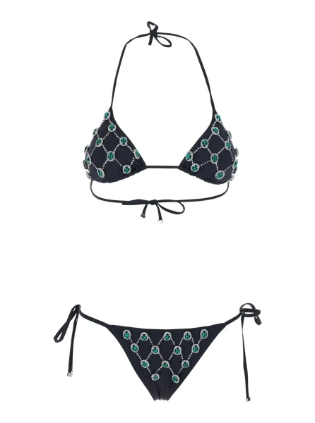 Bikini Black Bikini with Gem Embroidery and Adjustable Drawstring Closure in Stretch Tech Fabric for Women