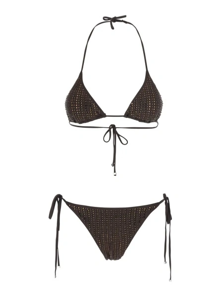 Bikini Brown Brown Bikini with adjustable tie closure and all-over sequins in tech fabric for women