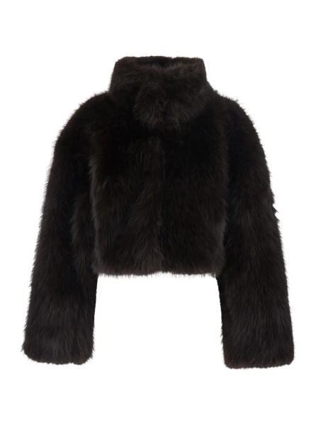 Blanuri Brown fur jacket with crop design and high collar in faux-fur for women