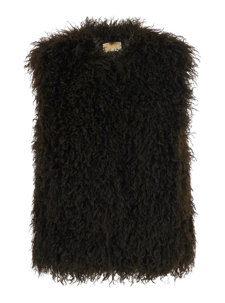 Blanuri Brown Sleeveless crew-neck vest with hidden front closure in faux fur for women