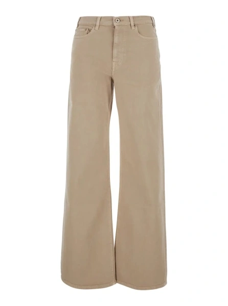 Blugi Beige Wide Leg Jeans with Logo Patch on the Back in Denim for Women
