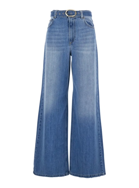 Blugi Blue five-pocket jeans with belt and faded effect in denim woman