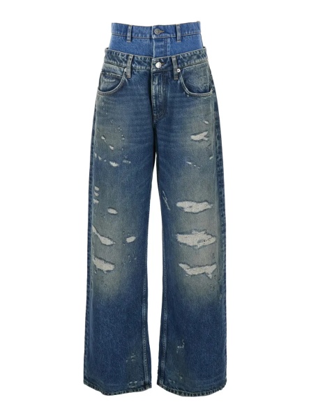 Blugi Blue Jeans with Layered Design and Distressed and Ripped Effect in Denim Woman