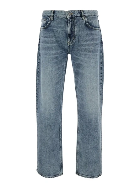 Blugi Blue Jeans with logo patch on the back and faded design in denim for men