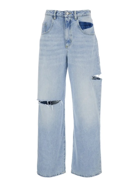 Blugi Poppy Wide Leg Jeans with frayed hems and pockets in Blue Denim unisex