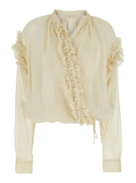 Bluza CENVER' Beige Silk Blouse with V-Neck and Long Sleeves